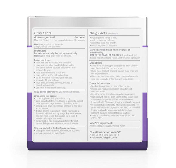 FOLIGAIN Canada Ultra-Pure Minoxidil 2% topical lotion bottle for women's hair regrowth treatment, 12-month supply.