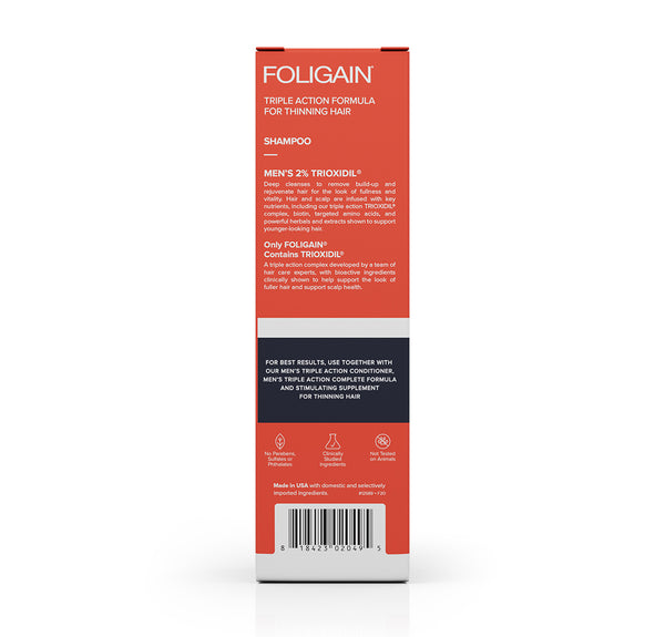 FOLIGAIN Canada hair growth shampoo and conditioner kit for men, showing the back of the product packaging.