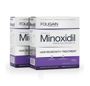 FOLIGAIN Ultra-Pure Minoxidil 2% topical lotion for women, 6-month supply, used for hair regrowth treatment.