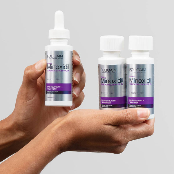 FOLIGAIN Canada Ultra-Pure Minoxidil 2% topical lotion for women, 6-month supply, for hair regrowth treatment.