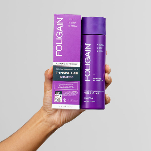 FOLIGAIN Canada Women's Hair Regrowth Kit with shampoo and treatment bottles for hair loss and thinning hair.